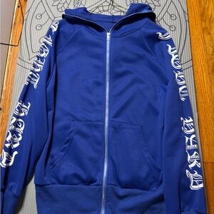 Blue Zip-Up Hoodie with White Lettering
